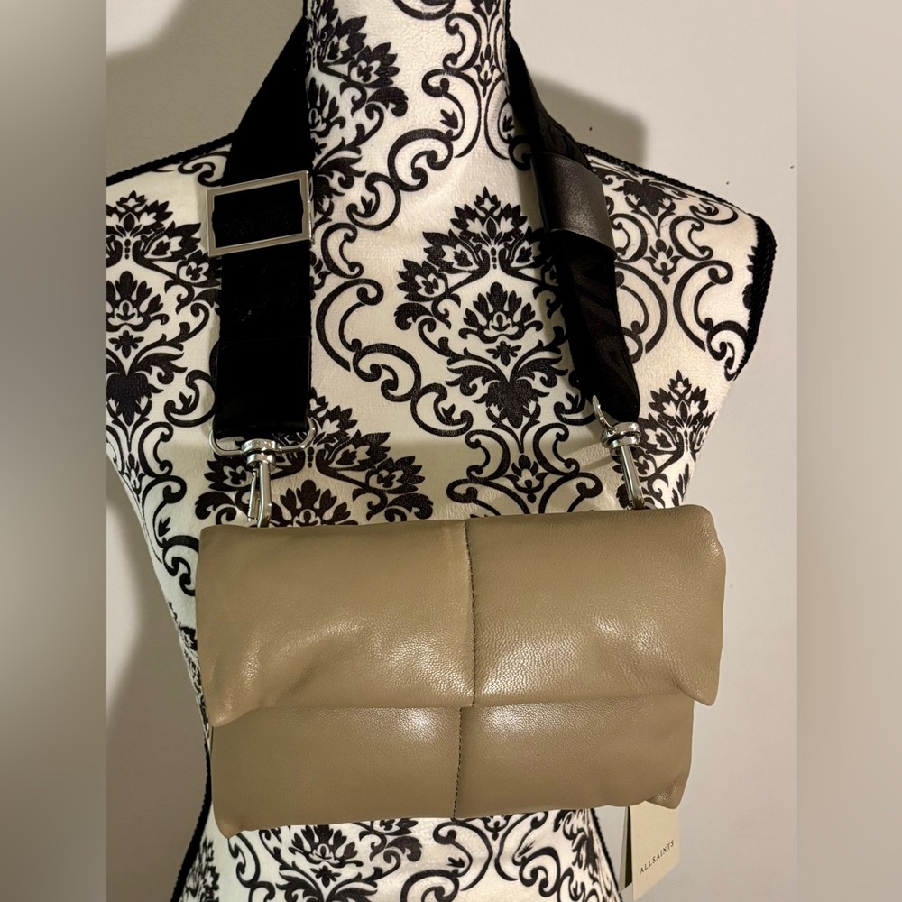 All Saints Olive Green Crossbody Bag with Black Strap